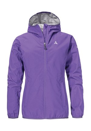 Lila wasserdichte Jacke mit einem Reißverschluss, verstellbare Kapuze und elastischen Bündchen. Sie verfügt über ein leichtes Design und ein graues Innenfutter.