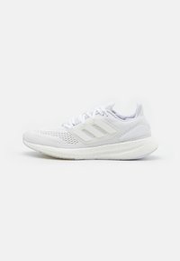 White running shoes with a breathable mesh upper, three diagonal stripes, and a textured rubber sole. Features a cushioned midsole.