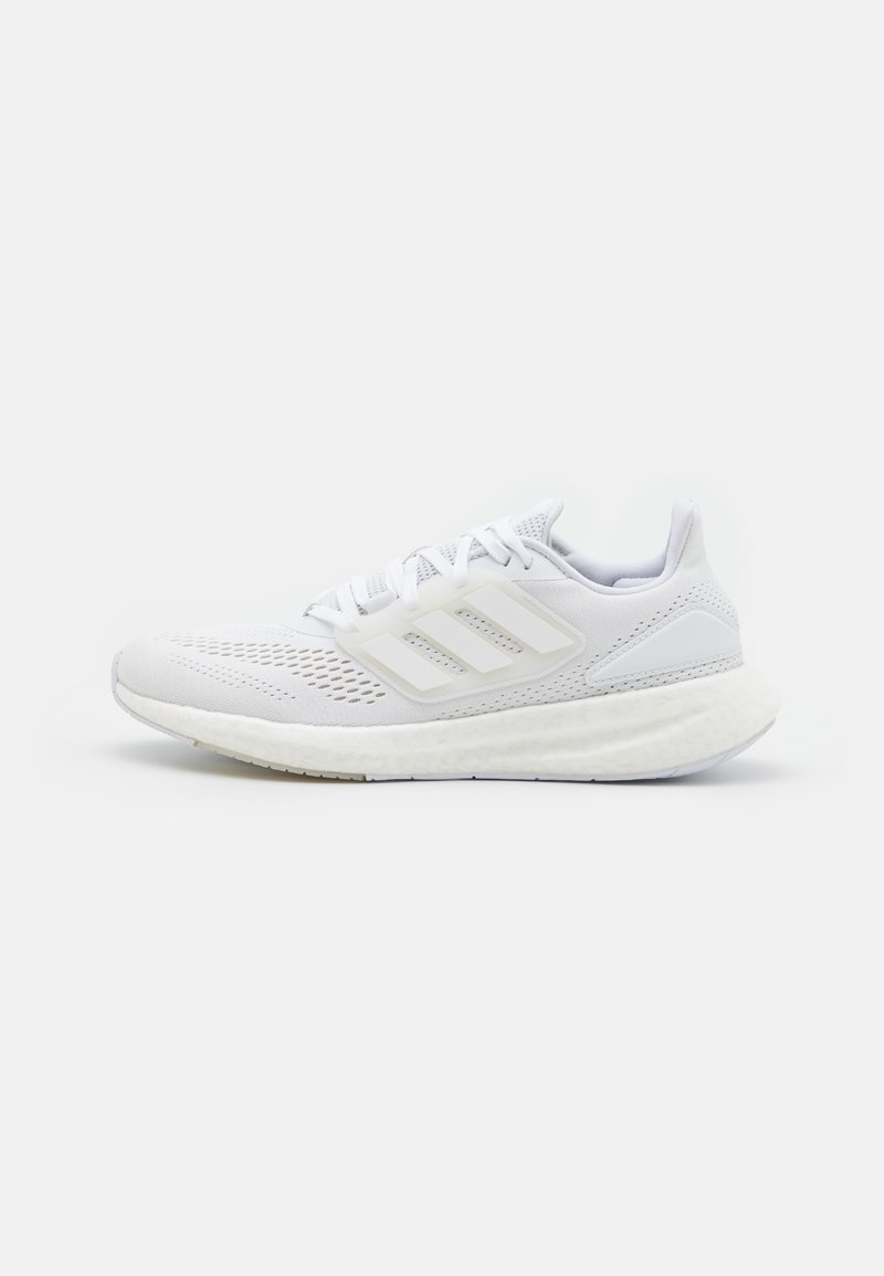 White running shoes with a breathable mesh upper, three diagonal stripes, and a textured rubber sole. Features a cushioned midsole.