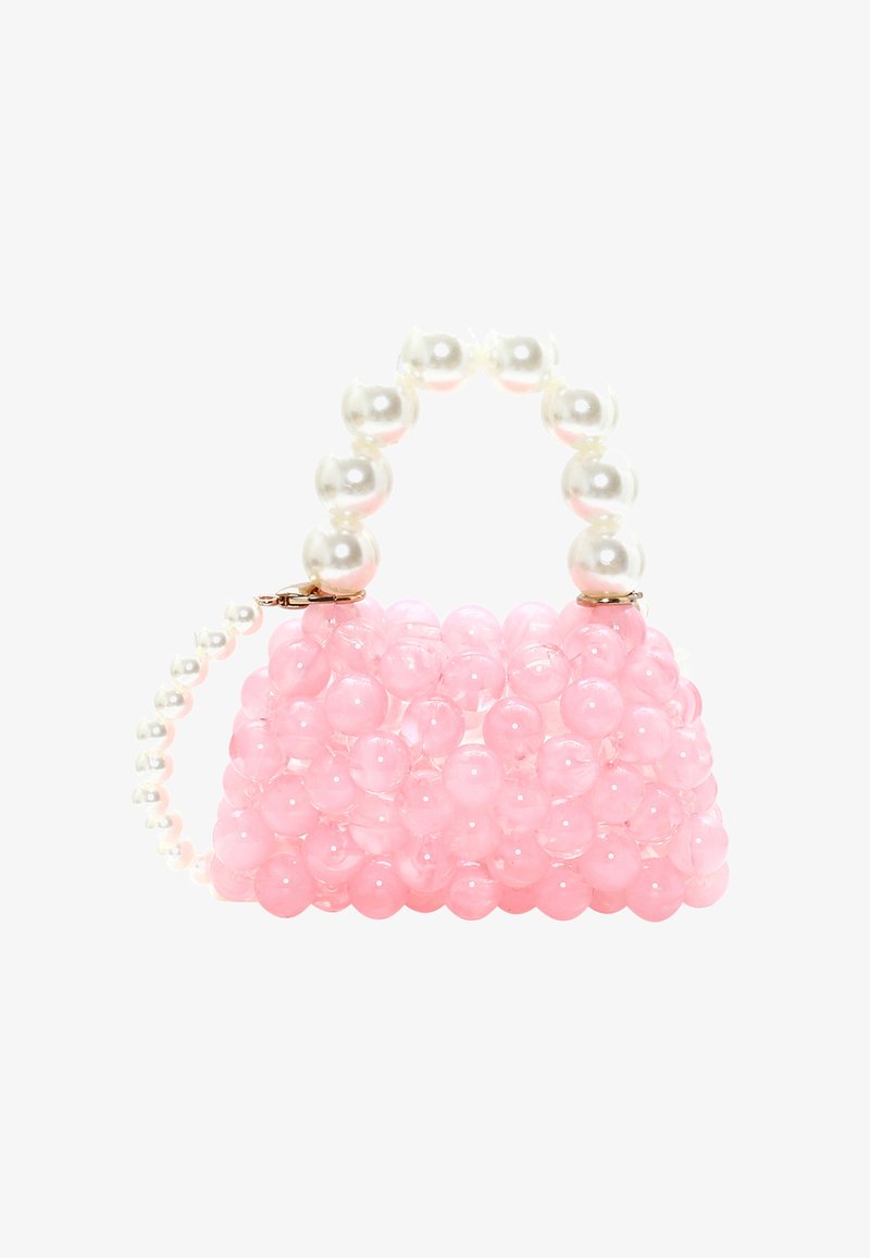 Vaaleanpunainen helmikirjailtu käsilaukku, jossa on jämäkkä muoto, helmiakcentoitu kahva ja kiiltävä pinta. Kompaktin koko sopii asusteille.