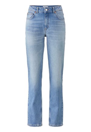 Lichtblauwe denim jeans met een rechte snit, vervaagd finish, vijf zakken, metalen knoopsluiting en contrasterende stikdetails.