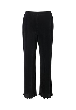 Pantalons larges plissés noirs avec une surface texturée et un ourlet festonné. Dotés d'une taille élastique pour le confort, adaptés à une tenue décontractée.