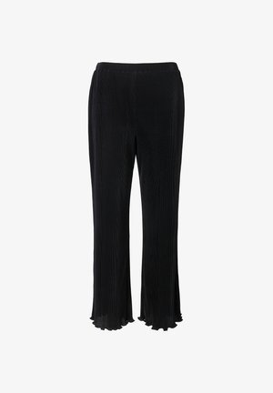 Schwarze, plissierte, weit geschnittene Hosen mit strukturierter Oberfläche und gewelltem Saum. Sie verfügen über einen elastischen Bund für mehr Komfort und sind ideal für die Freizeit.
