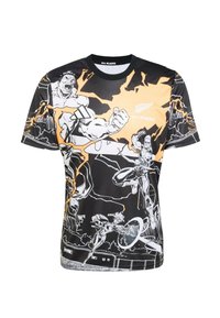 Czarna koszulka sportowa z grafiką w stylu komiksowym w kolorze białym i pomarańczowym, przedstawiająca dynamiczne postacie. Wykonana z lekkiego, oddychającego materiału.