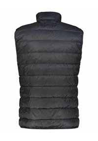 Zwarte gewatteerde vest met hoge kraag, voorzien van een horizontaal gestikte ontwerp, een gladde textuur en zonder zichtbare hardware of accenten.