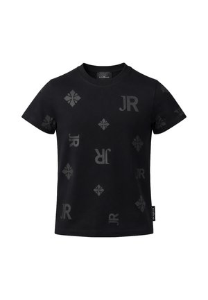 T-shirt nera a maniche corte con sottili lettere "JR" grigio scuro e motivi a forma di diamante stampati sull'intero tessuto.