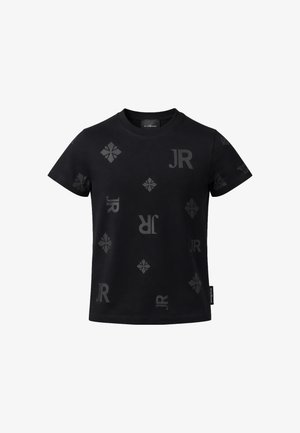 T-shirt nera a maniche corte con sottili lettere "JR" grigio scuro e motivi a forma di diamante stampati sull'intero tessuto.