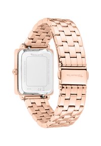 Rosa-goldene Metalluhr mit rechteckigem Gehäuse, Edelstahlrücken und geflochtenem Armbanddesign. Wasserfest bis zu 30 Metern.