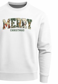 Weißer Sweatshirt mit dem Schriftzug "MERRY" in bunten, gemusterten Buchstaben und "CHRISTMAS" darunter in dunkelgrün. Glatte Textur, Rundhalsausschnitt.