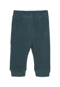 Donker teal fleecebroek voor peuters met een elastische tailleband en geribde manchetten, geschikt voor casual kleding en koud weer.
