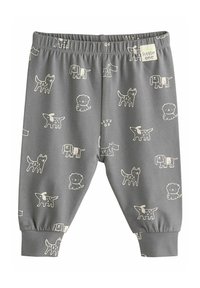 Graue Baumwollbabyhosen mit elastischem Bund, ausgestattet mit einem wiederholten hellen Tiermuster, das Hunde und cartoonartige Figuren zeigt.
