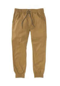 Khaki joggerki uszyte z bawełny, z elastycznym pasem, sznurkiem, bocznymi kieszeniami i elastycznymi mankietami przy kostkach.