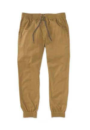 Khaki jogger pants made of cotton with an elastic waistband, drawstring, side pockets, and elastic cuffs at the ankles.