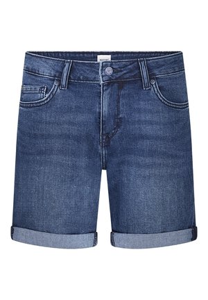 Blauwe denimshorts met opgerolde zoom, knoop aan de voorkant, ritssluiting en vijfzakkenstijl.