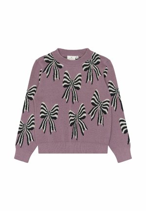 Pull en maille mauve avec des motifs de nœuds rayés noirs et blancs dispersés sur le devant et les manches, poignets et ourlet côtelés.