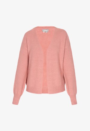 Lichtroze cardigan met een v-hals, open voorkant, geribbelde onderrand en ballonmouwen. Gemaakt van zachte, gestructureerde stof.