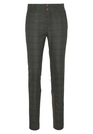 Pantalon gris foncé slim fit avec un motif à carreaux subtil, deux boutons sur le devant, passants de ceinture et jambes droites.