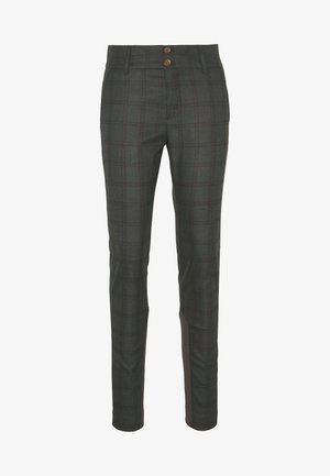 Pantalon gris foncé slim fit avec un motif à carreaux subtil, deux boutons sur le devant, passants de ceinture et jambes droites.