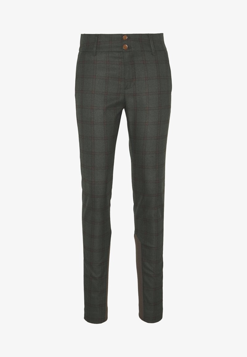 Pantalon gris foncé slim fit avec un motif à carreaux subtil, deux boutons sur le devant, passants de ceinture et jambes droites.