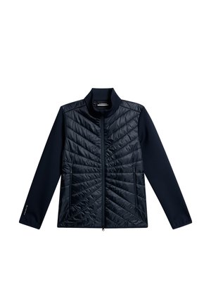 Granatowa kurtka z pikowanym przodem w geometryczny wzór, gładkimi rękawami, wysokim kołnierzem i dwiema bocznymi kieszeniami na zamek.