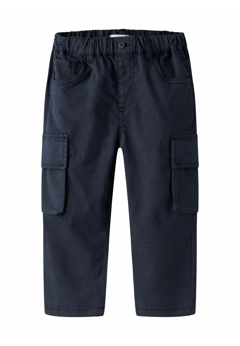 Navy blue cargo pants made from cotton blend fabric. Features elastic waistband, front and side pockets, and straight-cut legs.