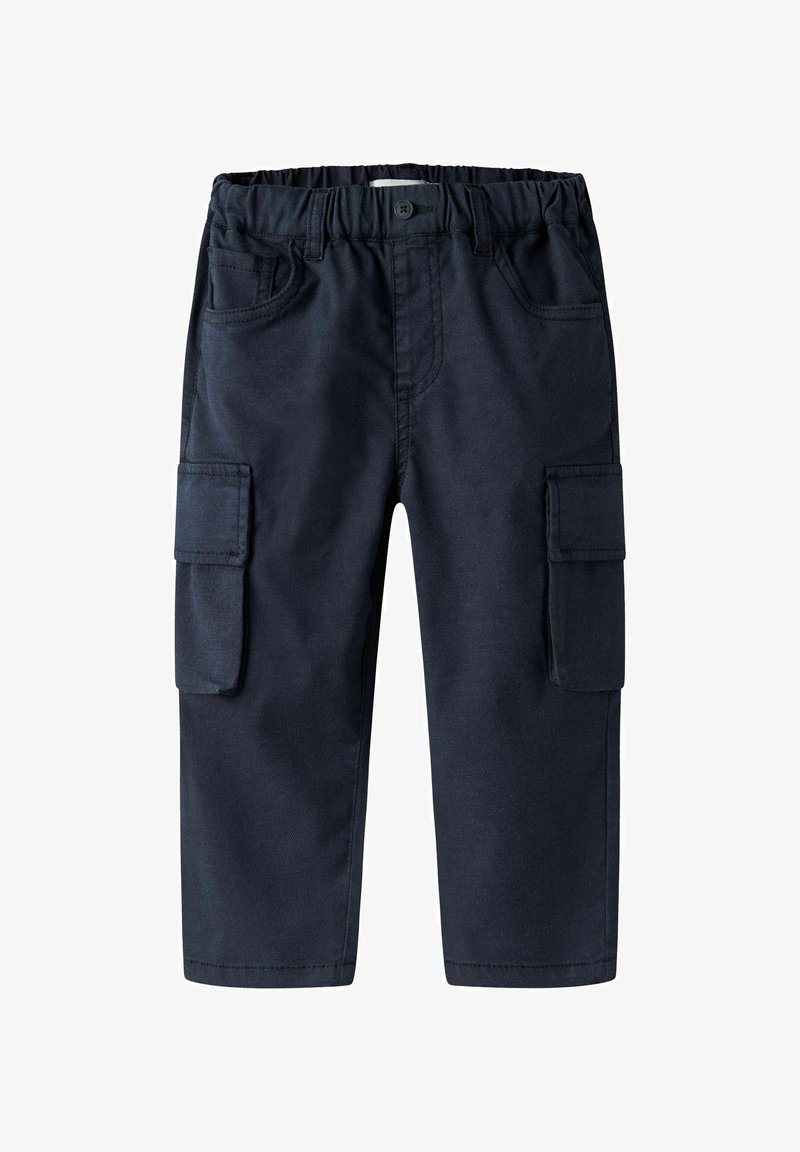 Navy blue cargo pants made from cotton blend fabric. Features elastic waistband, front and side pockets, and straight-cut legs.