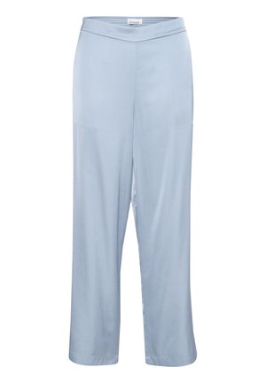 Pantalón ancho de color azul claro, hecho de una tela suave. Presenta una cinturilla plana y costuras limpias. Sin patrones ni adornos visibles.