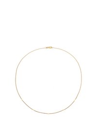 Collier en chaîne de couleur or avec une surface texturée fine et de petites accents ronds uniformément répartis le long de la longueur. Fermeture à pince de homard.