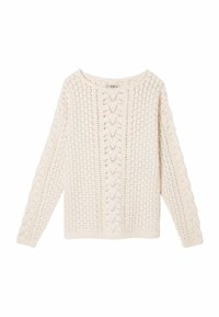Pull en tricot à manches longues de couleur crème avec un col rond et un motif ajouré complexe en dentelle sur le devant et les manches.