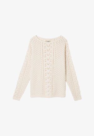 Langärmliger Strickpullover in Cremefarbe mit rundem Ausschnitt und einem filigranen, offenen Spitzenmuster auf Vorderseite und Ärmeln.