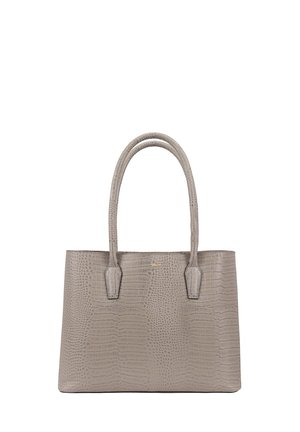 Graue Handtasche aus Kunstleder im Krokodil-Look mit zwei runden Griffen, strukturiertem Design und dezentem Logo-Detail. Glatte Textur und keine sichtbaren Beschläge.