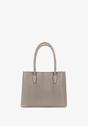 Graue Handtasche aus Kunstleder im Krokodil-Look mit zwei runden Griffen, strukturiertem Design und dezentem Logo-Detail. Glatte Textur und keine sichtbaren Beschläge.