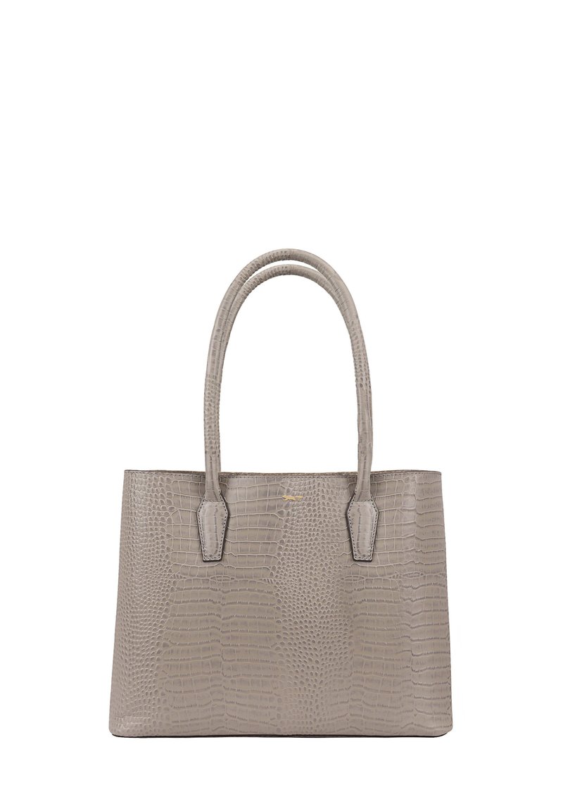 Grijze faux-krokodillenleren tote bag met twee afgeronde handvatten, een gestructureerde vorm en subtiele logodetails. Gladde textuur en geen zichtbare hardware.