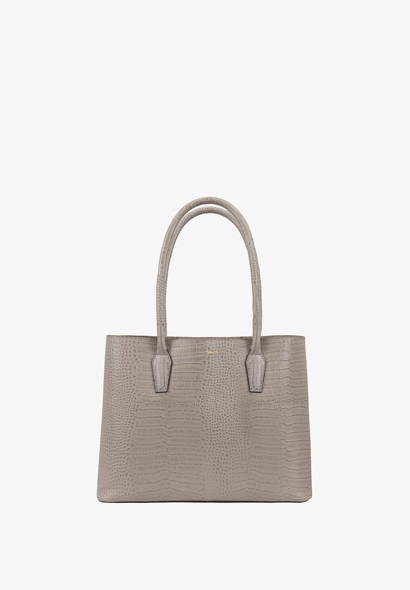 Grijze faux-krokodillenleren tote bag met twee afgeronde handvatten, een gestructureerde vorm en subtiele logodetails. Gladde textuur en geen zichtbare hardware.