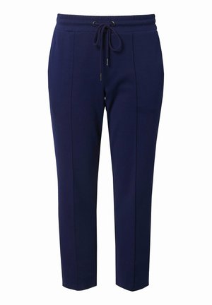 Pantalons de jogging ajustés bleu marine avec une taille élastique et un cordon de serrage à l'avant, présentant des détails de coutures verticales le long des jambes.