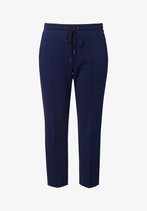 Pantalons de jogging ajustés bleu marine avec une taille élastique et un cordon de serrage à l'avant, présentant des détails de coutures verticales le long des jambes.