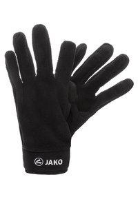 Zwarte handschoenen van zachte stof, met een snug fit, een gestructureerde grip op de vingers en een wit logo op de manchette.