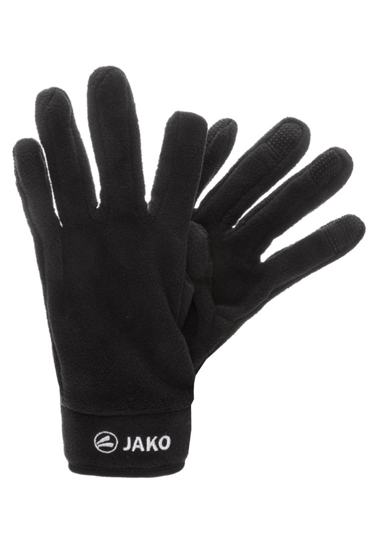 Zwarte handschoenen van zachte stof, met een snug fit, een gestructureerde grip op de vingers en een wit logo op de manchette.