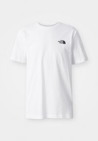 Tricou alb din bumbac cu guler rotund, mâneci scurte și un logo negru "The North Face" pe pieptul stâng.