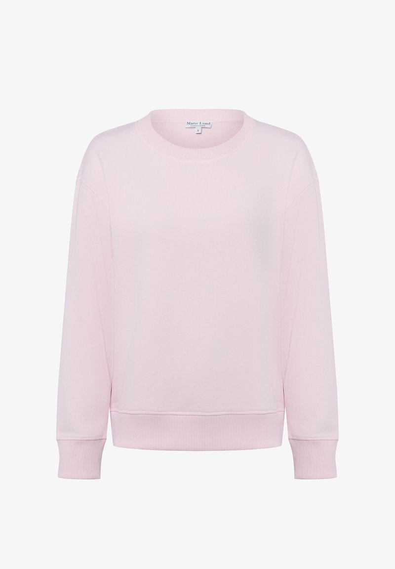 Felpa rosa chiaro in tessuto morbido, con collo rotondo, maniche lunghe e polsini a costine con vestibilità rilassata. Design semplice e minimale.