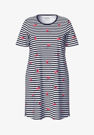 Vestido de manga corta a rayas marinas y blancas con escote redondo, decorado con pequeños estampados de cerezas rojas dispersas.