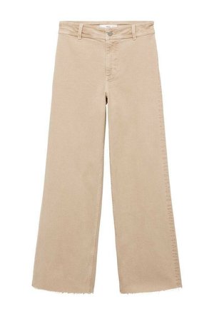 Beige leveled-leg hameet valmistettu denimista, jossa on raaka helma, klassinen viiden taskun muotoilu ja nappikiinnitys vyötäröllä.