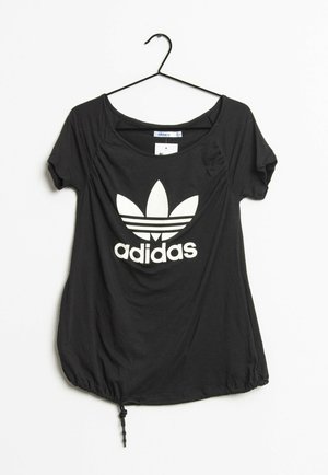 Schwarzes Adidas T-Shirt mit weißem Trefoil-Logo. Verfügt über einen Rundhalsausschnitt, kurze Ärmel und einen Kordelzugsaum für eine verstellbare Passform.