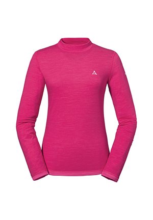 Pink long-sleeve shirt with a mock neck, made from textured fabric. Features a small white logo on the chest; fitted design and seamless cuffs.