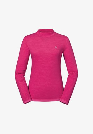 Rosa Langarmshirt mit Stehkragen, aus strukturiertem Stoff gefertigt. Verfügt über ein kleines, weißes Logo auf der Brust; taillierte Passform und nahtlose Bündchen.