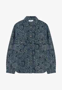 Dark blue button-up jacket with a repeated light gray rose pattern, two front pockets with snap buttons, and a pointed collar.