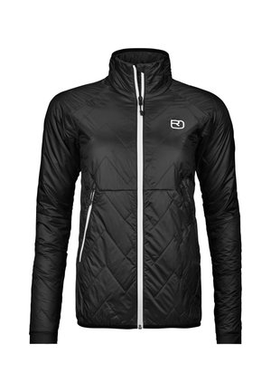 Black quilted jacket with a high collar, featuring a front zipper and two side pockets, accented by white zippers and a logo on the chest.