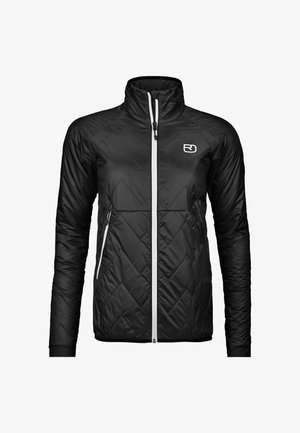 Black quilted jacket with a high collar, featuring a front zipper and two side pockets, accented by white zippers and a logo on the chest.