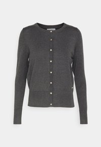 Ciemnoszary sweter kardigan z dzianiny, z długimi rękawami, okrągłym dekoltem i zapięciem z przodu na guziki w złotym odcieniu. Elastyczny dół i mankiety.