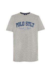 Gray cotton t-shirt with short sleeves and round neck. Front features blue printed text: "POLO SYLT" and "Nearside X Offside."